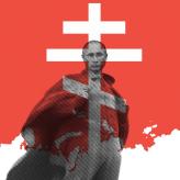 Putin stands in front of the Eastern Orthodox cross and the geographical outline of Russia.