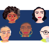 Drawings of people's faces on a blue background