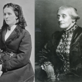 Two black and white pictures of women in black dresses.