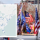 Photo of gray pickup truck with RW flags in bed with a mock up of a map of the US with blue data points layered on top on the left side of the image